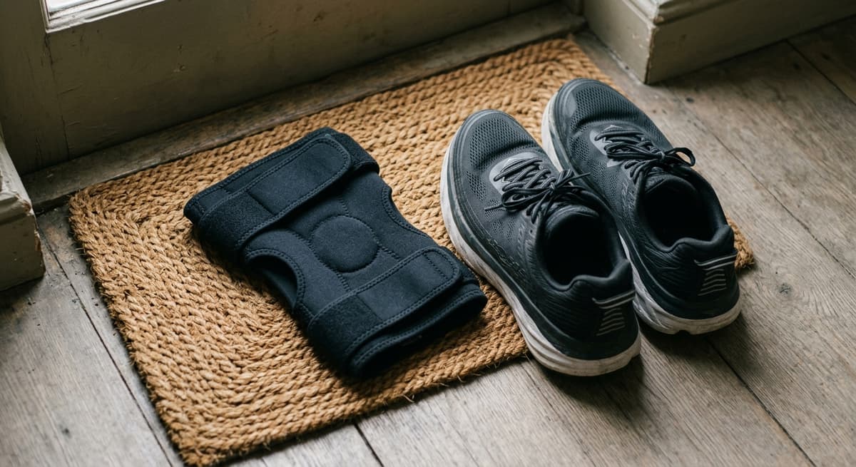 a black knee brace beside a pair of running shoes on a doormat
