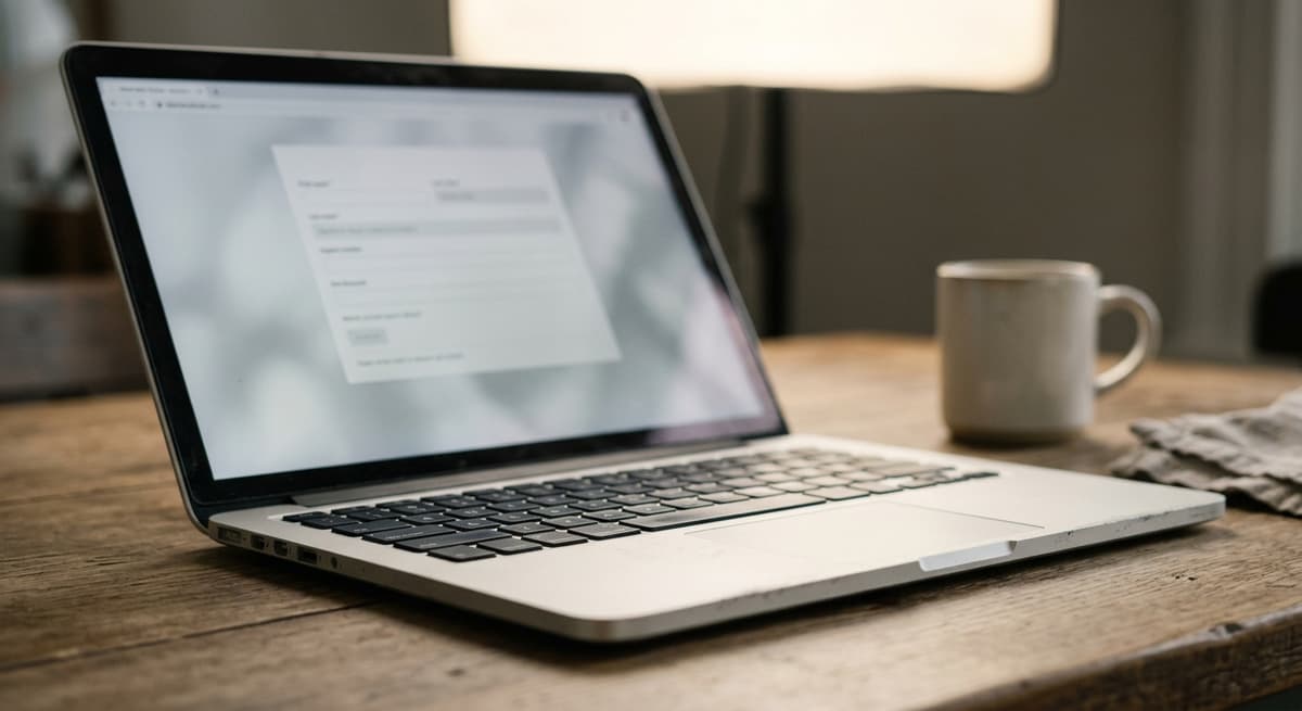 an open laptop on a kitchen table showing a plain blank web form