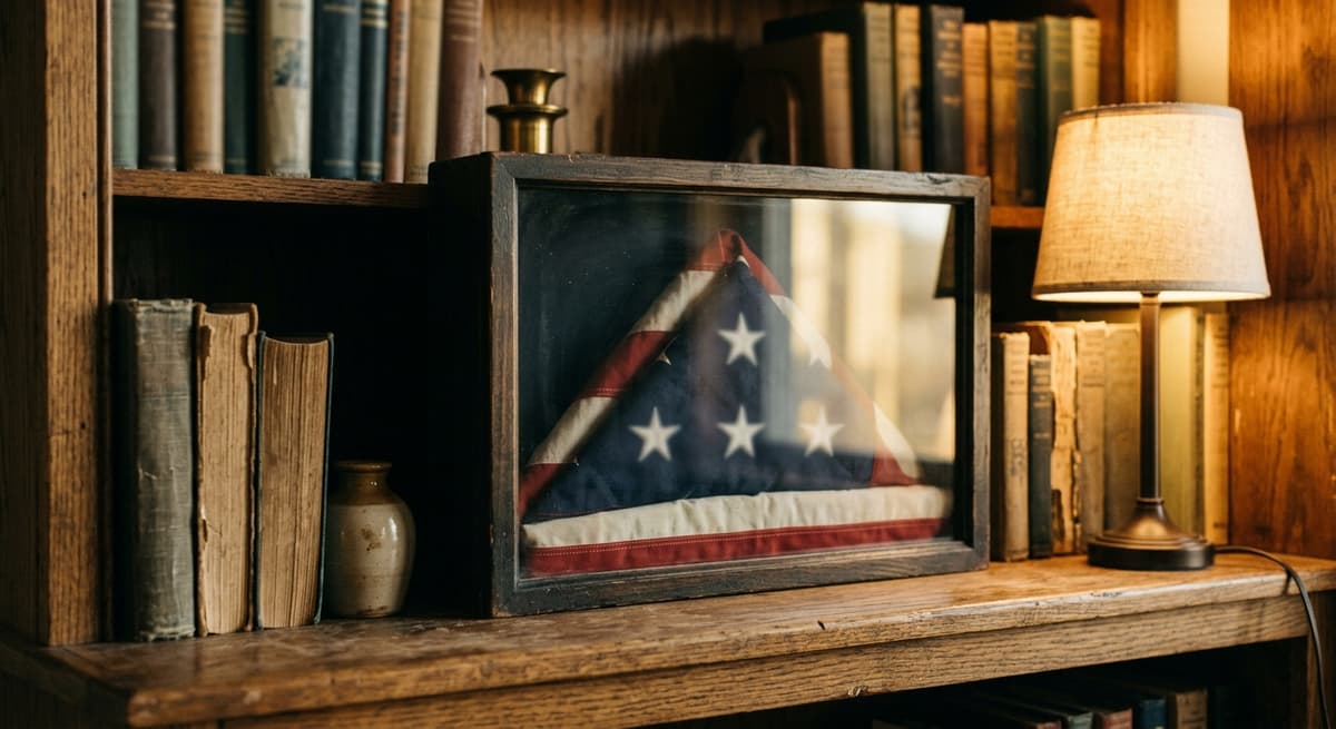 a folded flag displayed in a wooden shadow box on a bookshelf, warm lamp light