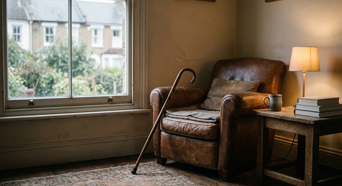 a wooden cane leaning against a worn leather armchair by a window