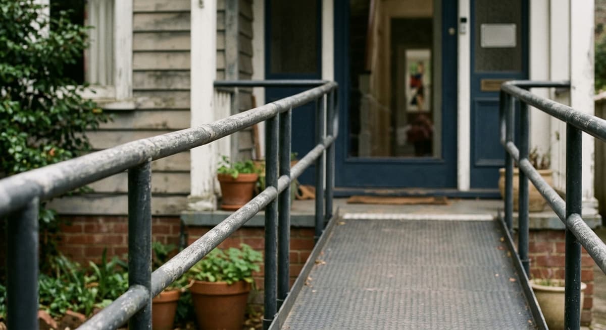 a metal wheelchair ramp railing leading to a house entrance, shallow depth of field