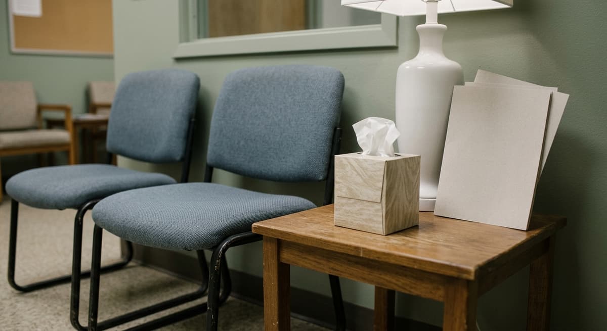 two empty waiting-room chairs beside a small side table with a tissue box