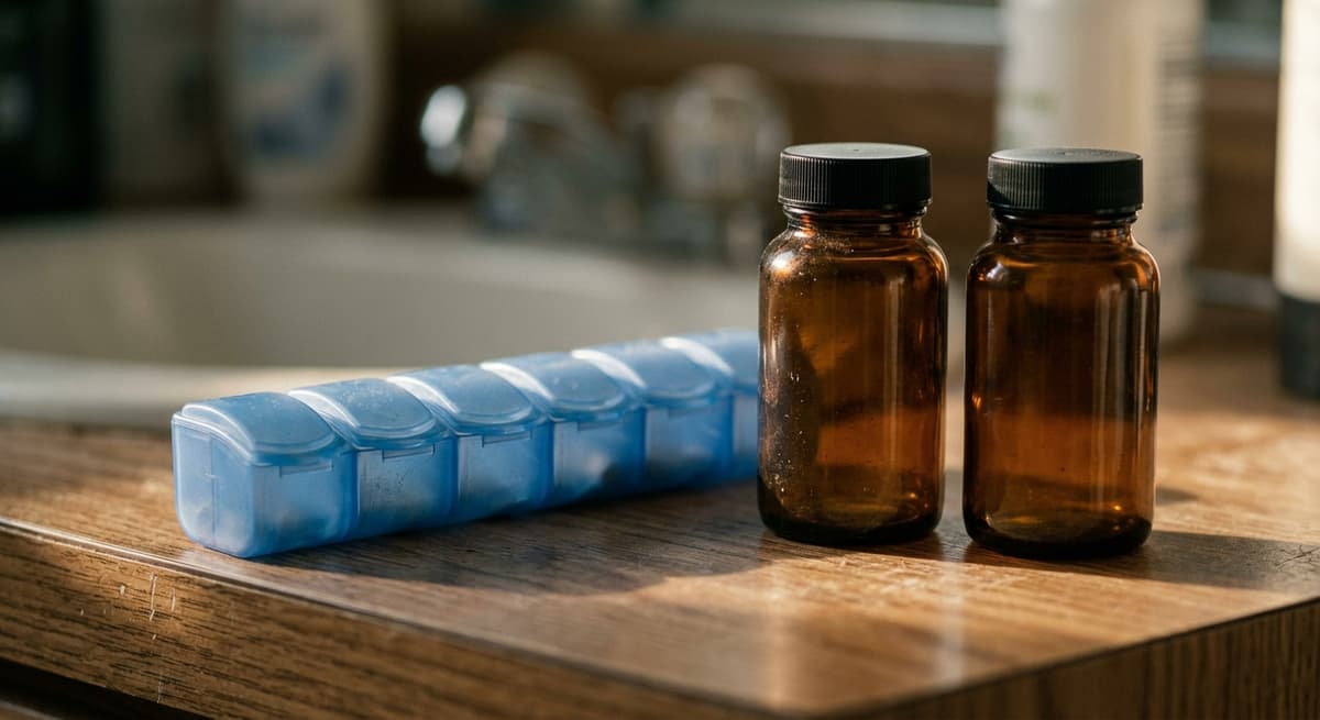 a prescription pill organizer and two unlabeled amber bottles on a bathroom counter