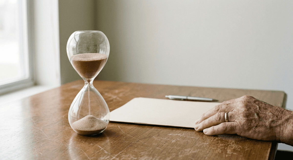An hourglass beside a closed plain folder and pen on a wooden desk, an older hand resting by the folder