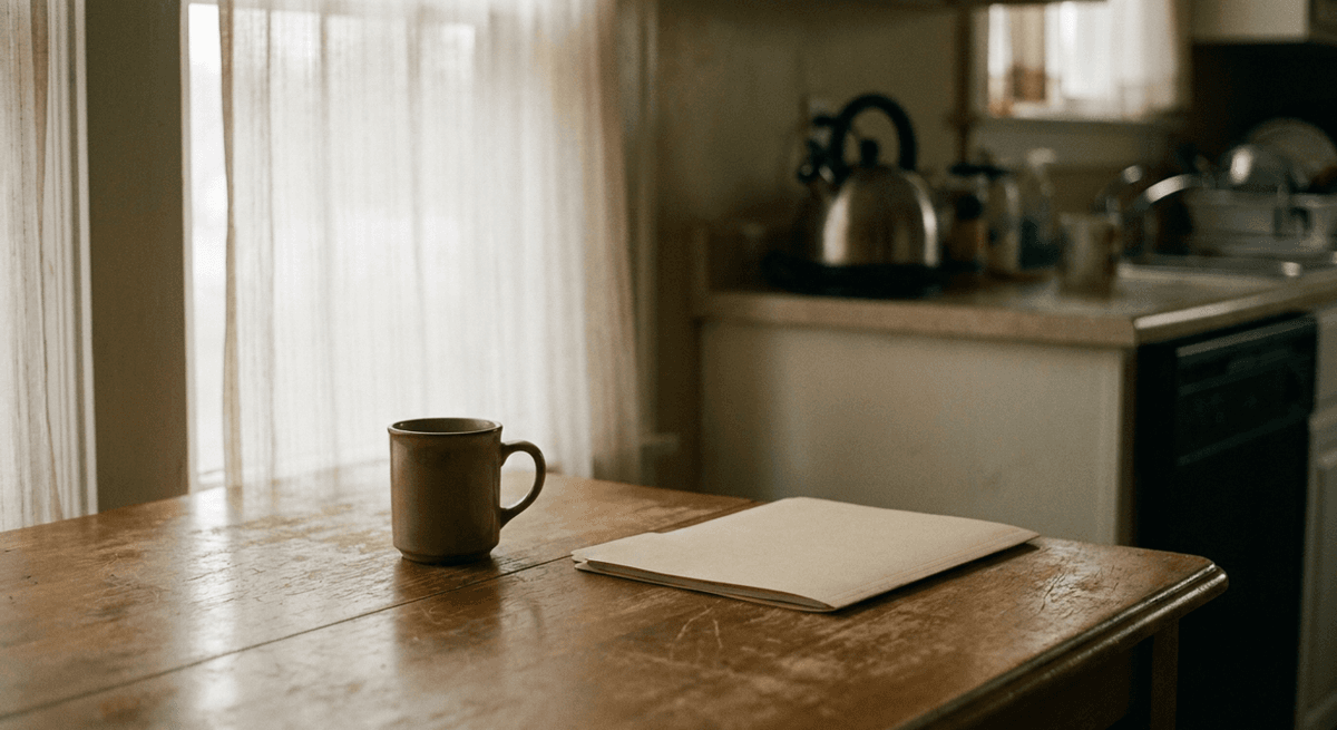 coffee mug and a closed manila folder on a worn kitchen table at dawn