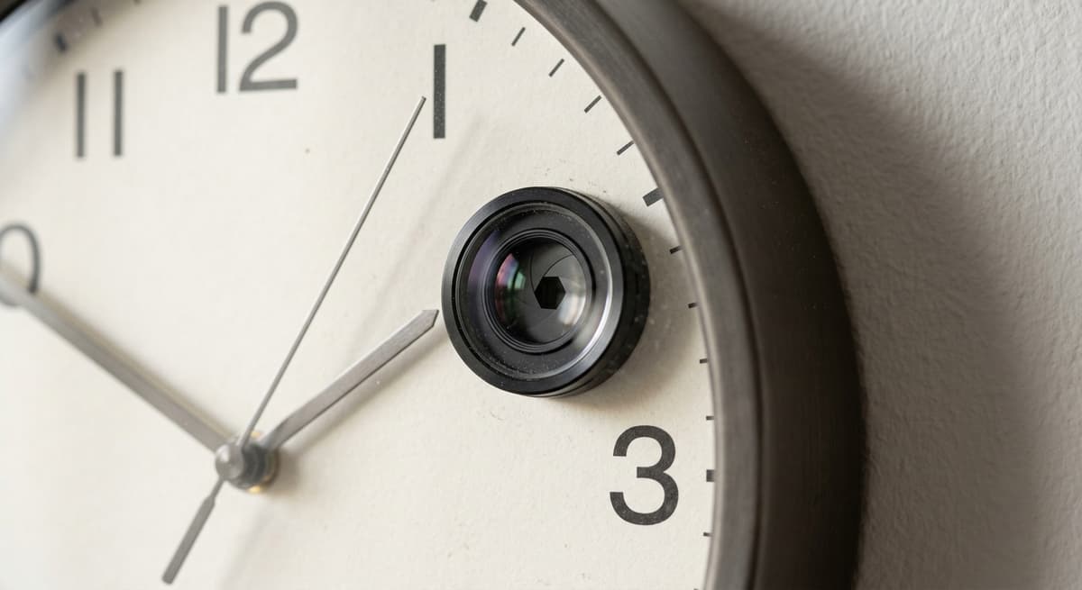 California tiny camera lens embedded in a wall-mounted clock face, macro shot revealing the