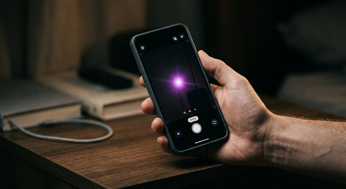 Virginia infrared led glow visible through a smartphone camera screen held up in a dark r