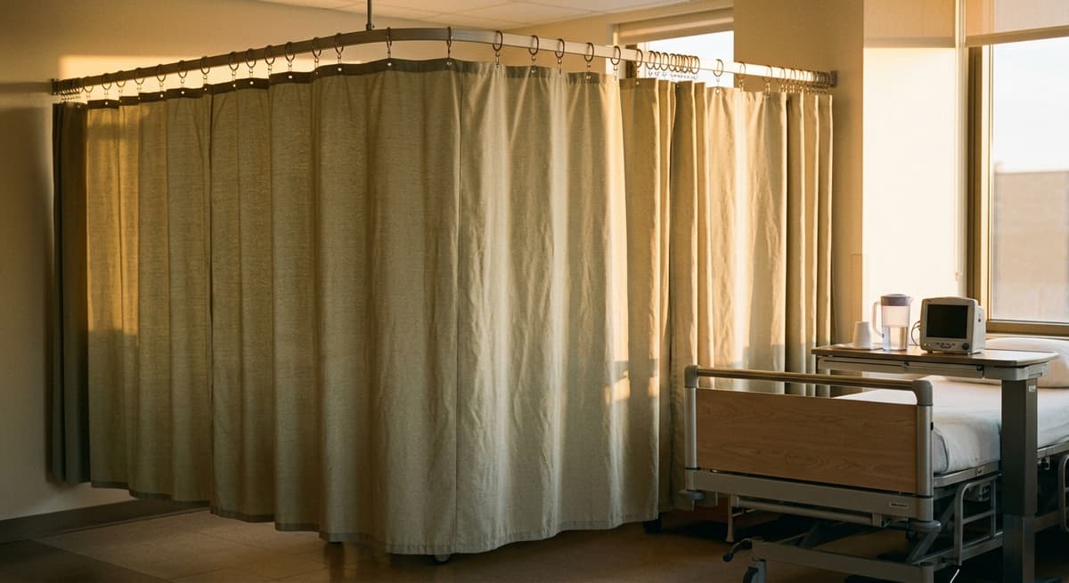 Missouri privacy curtain pulled closed around a hospital bed, metal rings on curtain rod