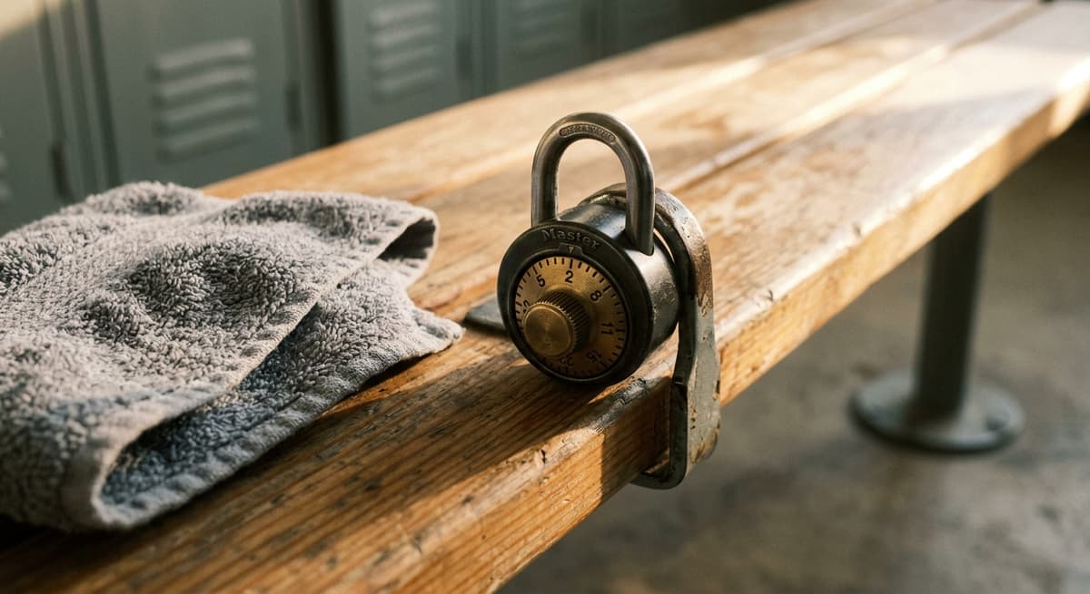 Texas locker room bench with a combination lock and towel, no people, clean institutio