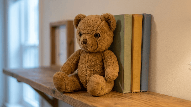 California nanny camera disguised as a teddy bear sitting on a nursery shelf beside books