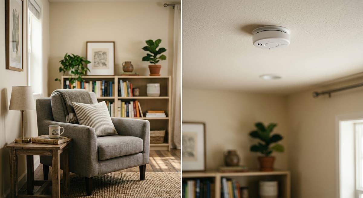 Arkansas airbnb-style vacation rental living room with a conspicuous smoke detector on th
