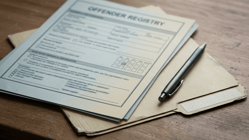 Vermont sex offender registry document on a desk beside a pen and file folder