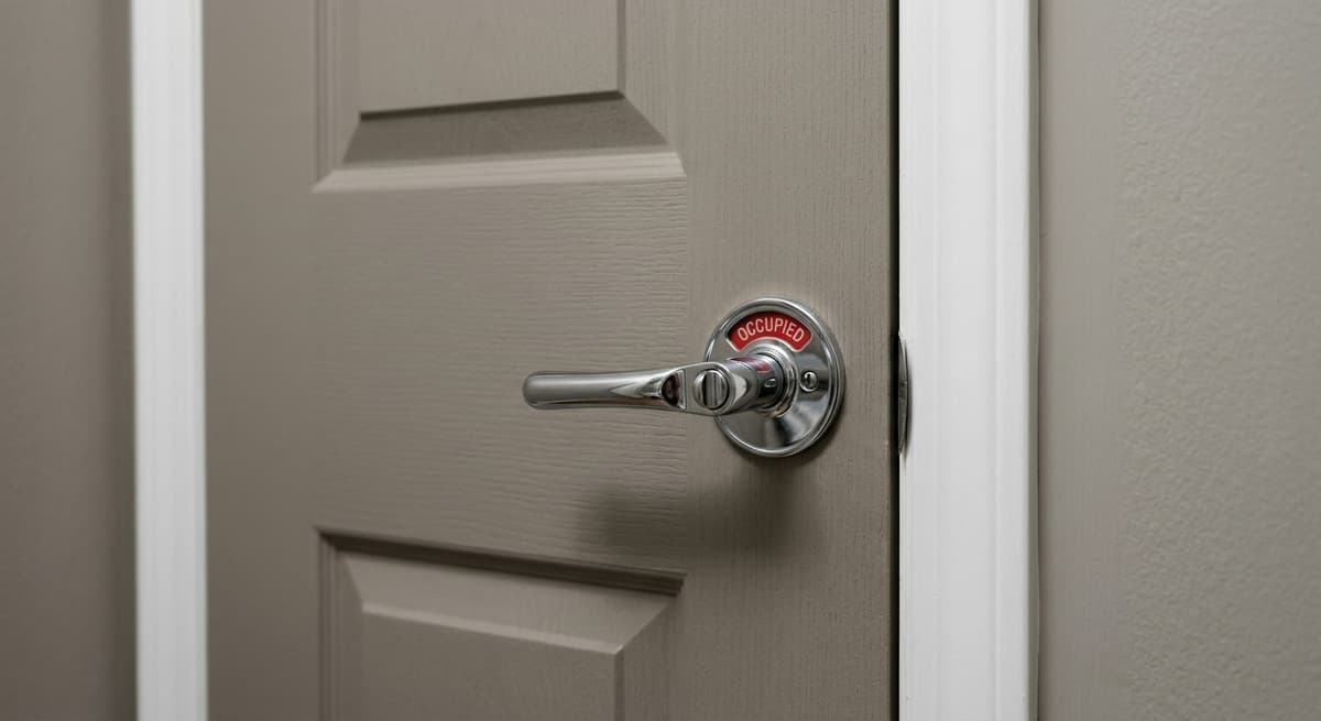 North Carolina bathroom door with an occupied indicator lock showing red, chrome hardware