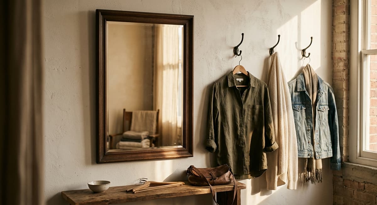Texas dressing room mirror with clothing items hanging on hooks beside it