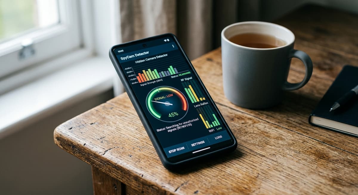 Virginia smartphone screen showing a hidden camera detector app interface with signal ind