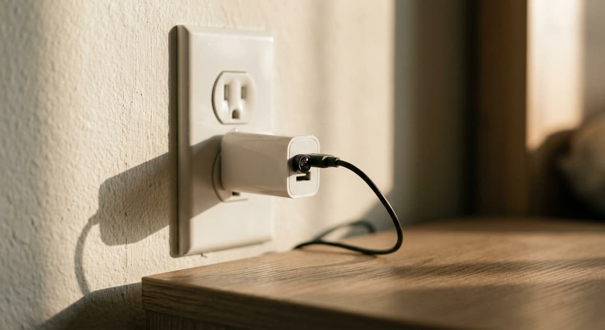 Texas small usb charger plugged into a wall outlet with a tiny lens visible on the fac