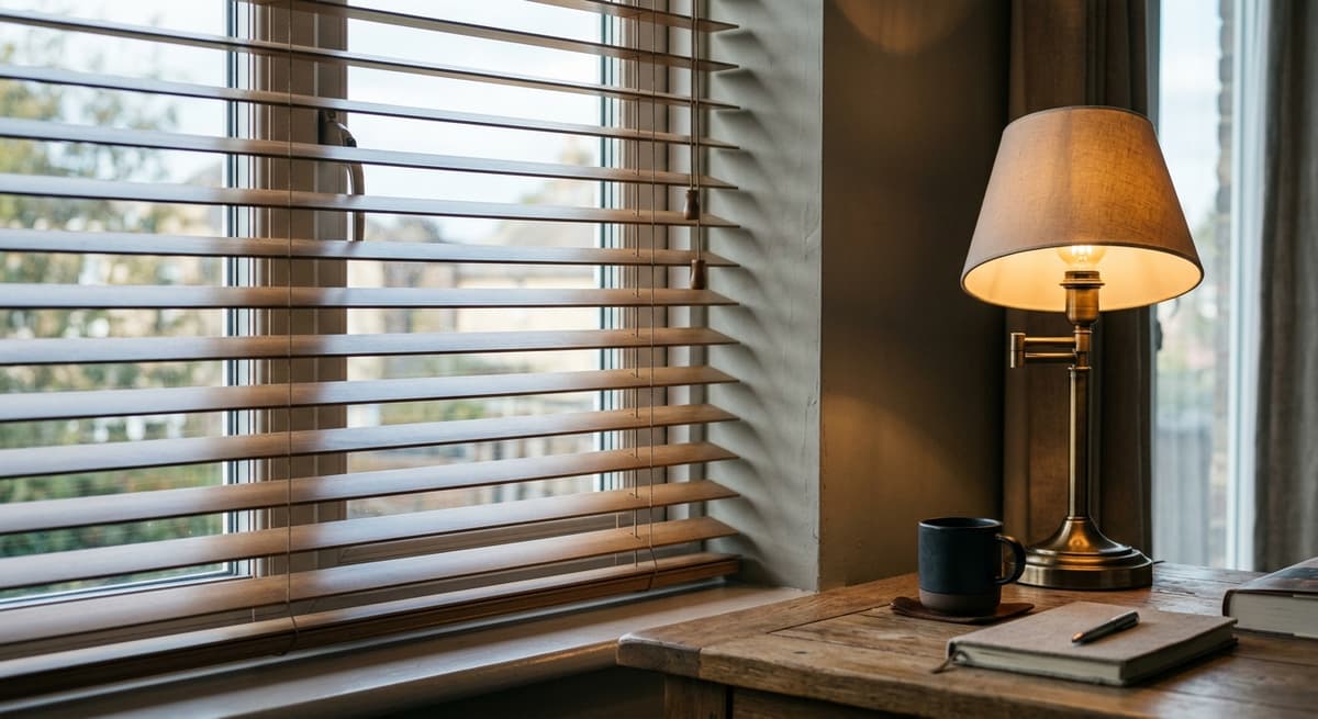 Connecticut window blinds partially closed with sunlight filtering through the slats