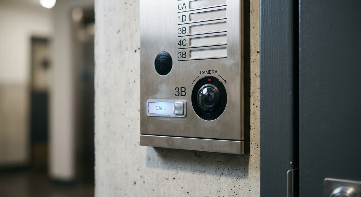 Montana apartment intercom panel with a camera lens beside the call button