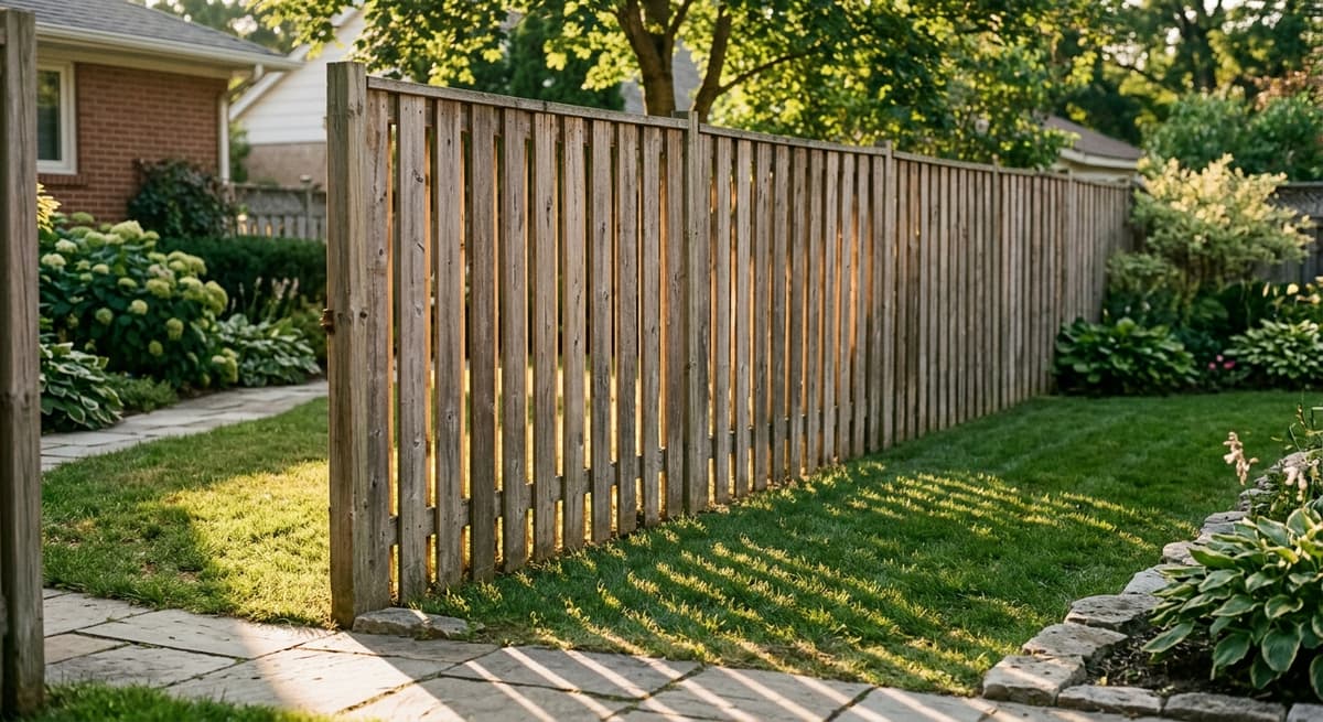 Delaware privacy fence between two residential properties, wooden slats with slight gaps