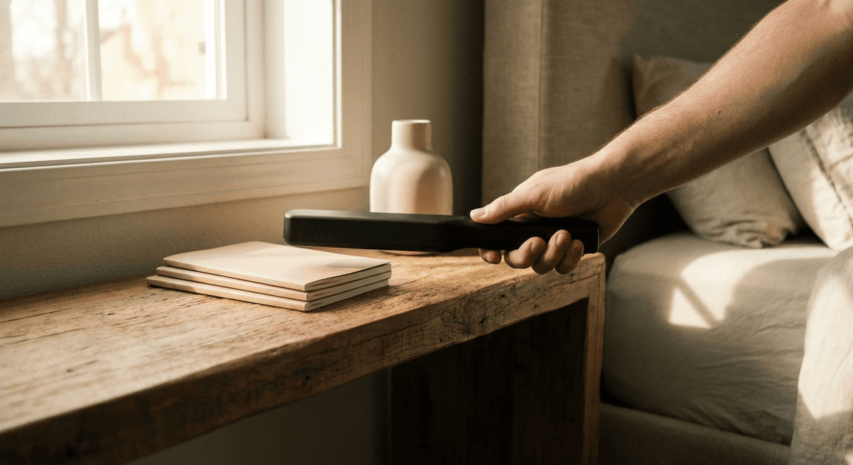 una mano pasando un escáner de mano negro por encima de unos libros y un jarrón en una mesa de noche