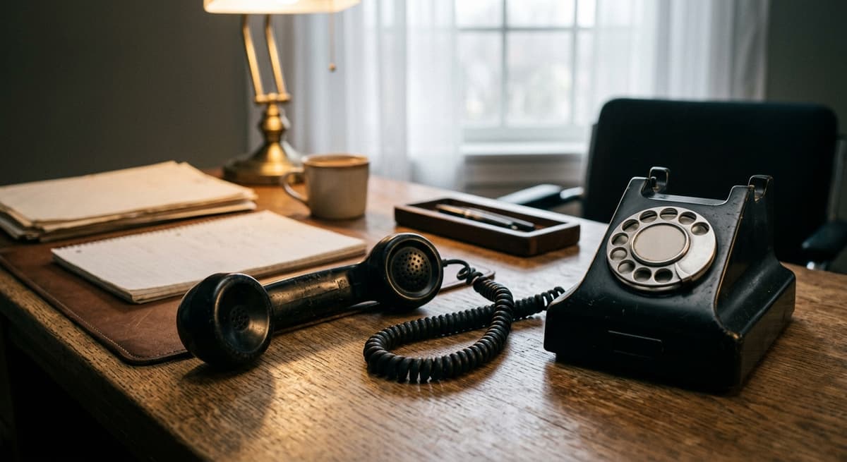 a rotary-style desk phone handset resting off the cradle on an office desk, warm tungsten light