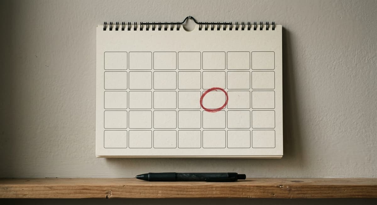 a wall calendar with a date circled in red pencil, a pen resting on the ledge below