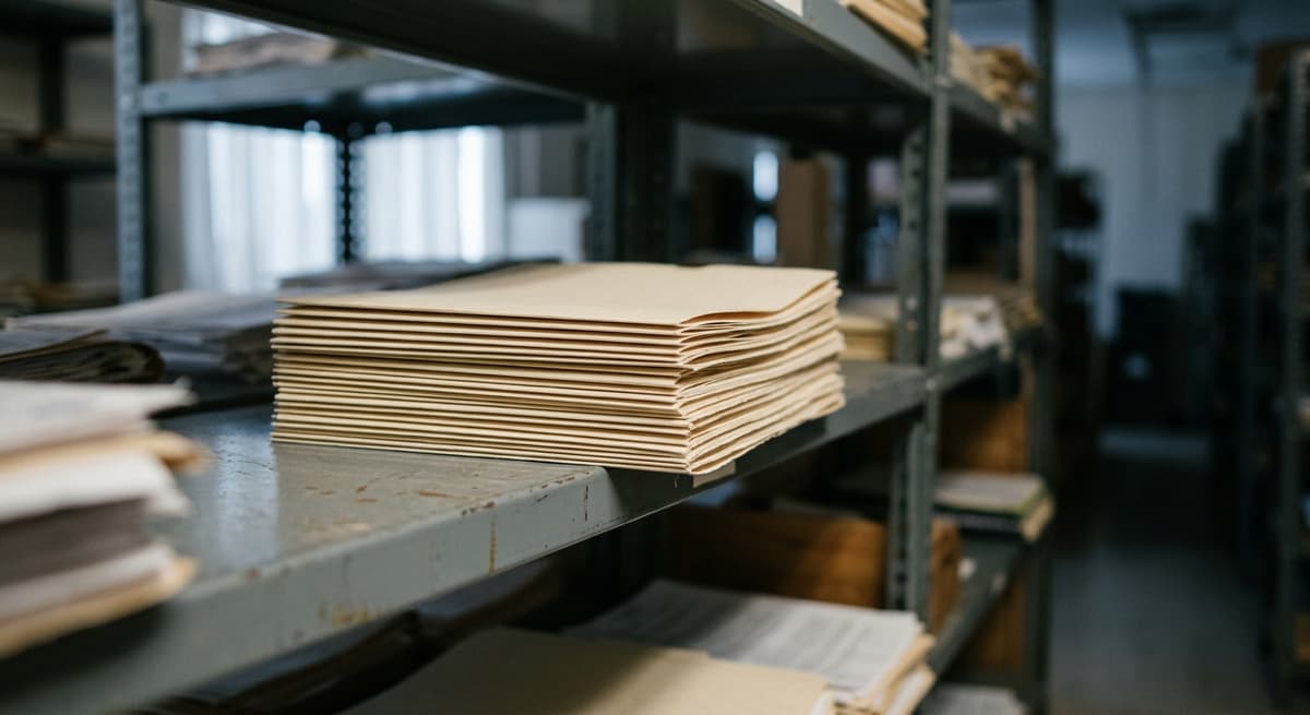 a stack of blank manila folders on grey metal shelving in a records room