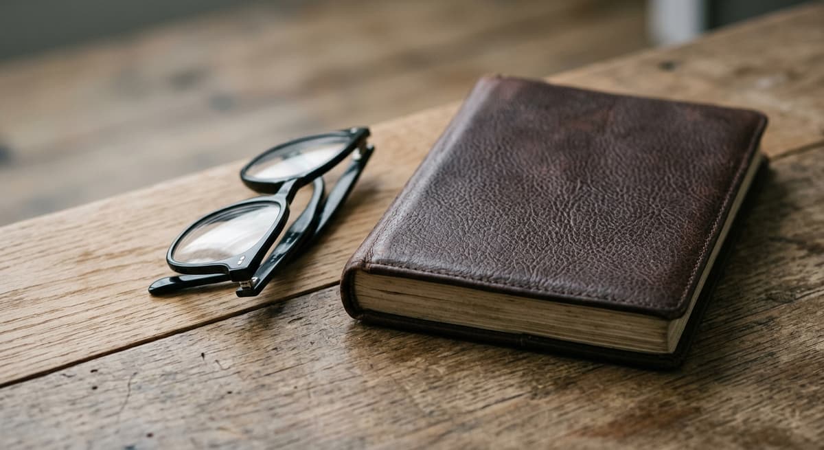 a pair of black-rimmed reading glasses folded beside a closed leather-bound legal notebook on a desk