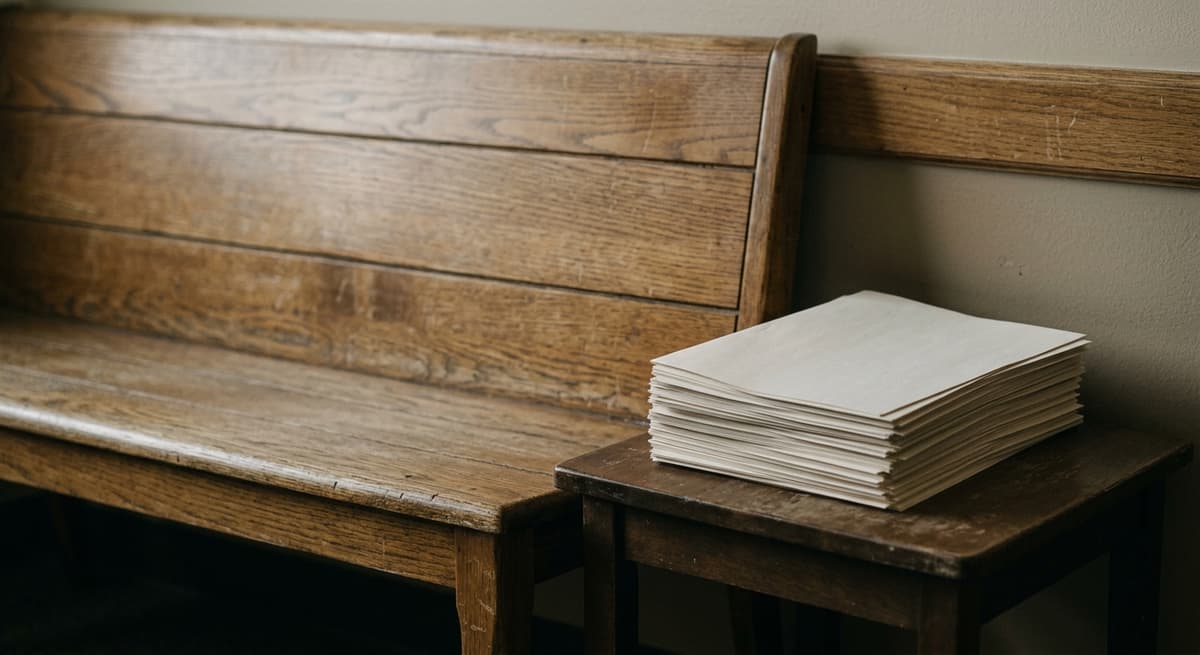 an empty waiting-room bench with wood paneling and a small side table holding a stack of blank forms