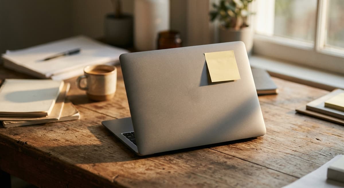 a closed laptop with a sticky note on top, the note blank and unreadable, on a home office desk