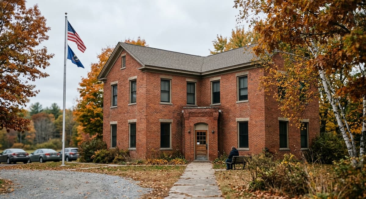 an exterior view of a modest brick county administration building with a flagpole, autumn trees nearby