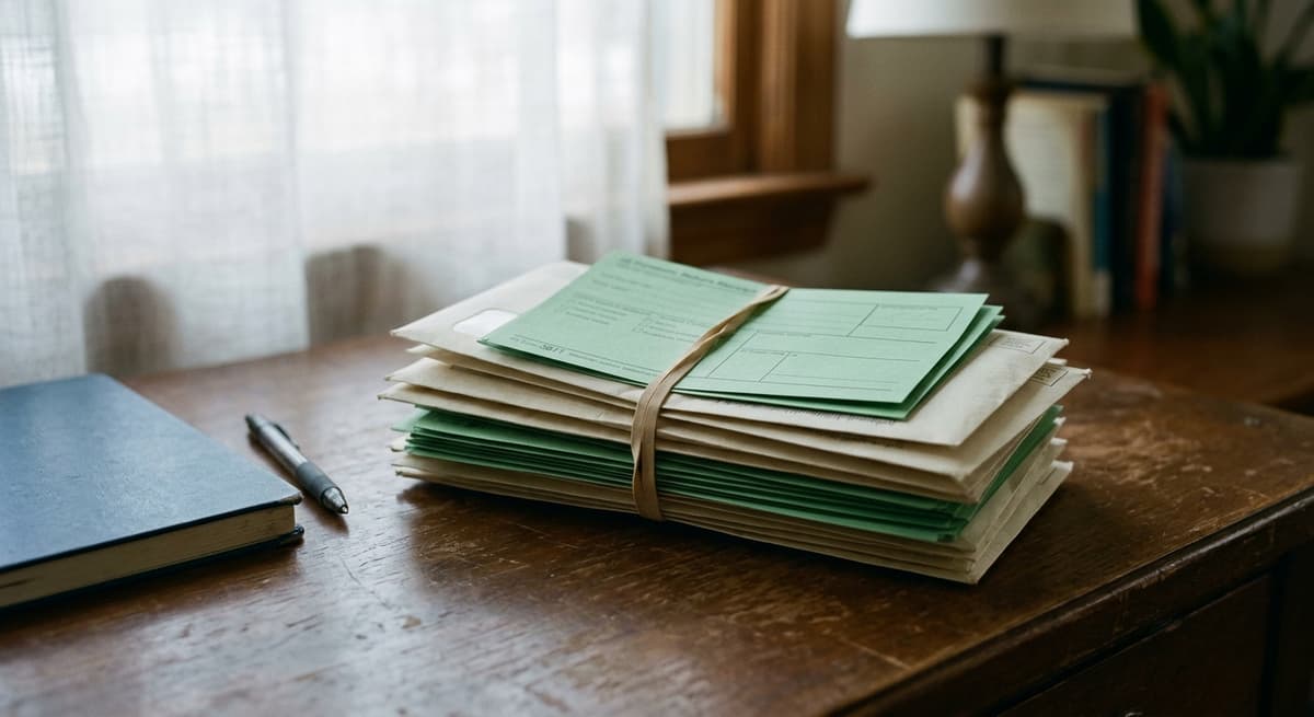 a stack of certified-mail envelopes with green return-receipt cards, bound with a rubber band, on a desk