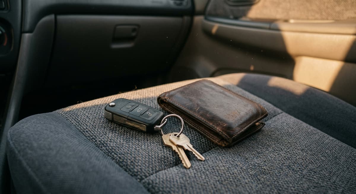 a set of car keys and a wallet resting on a passenger seat, seen through a windshield at dusk