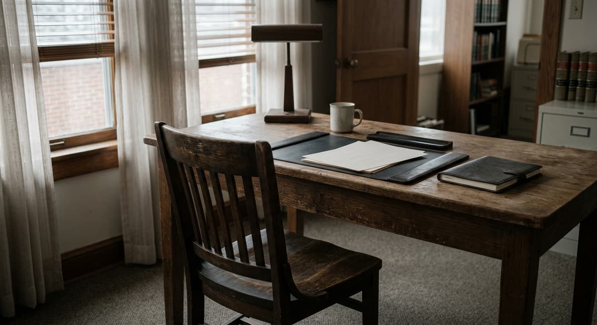 a single wooden chair pulled up to an empty desk in a small, quiet law office, late afternoon light through blinds