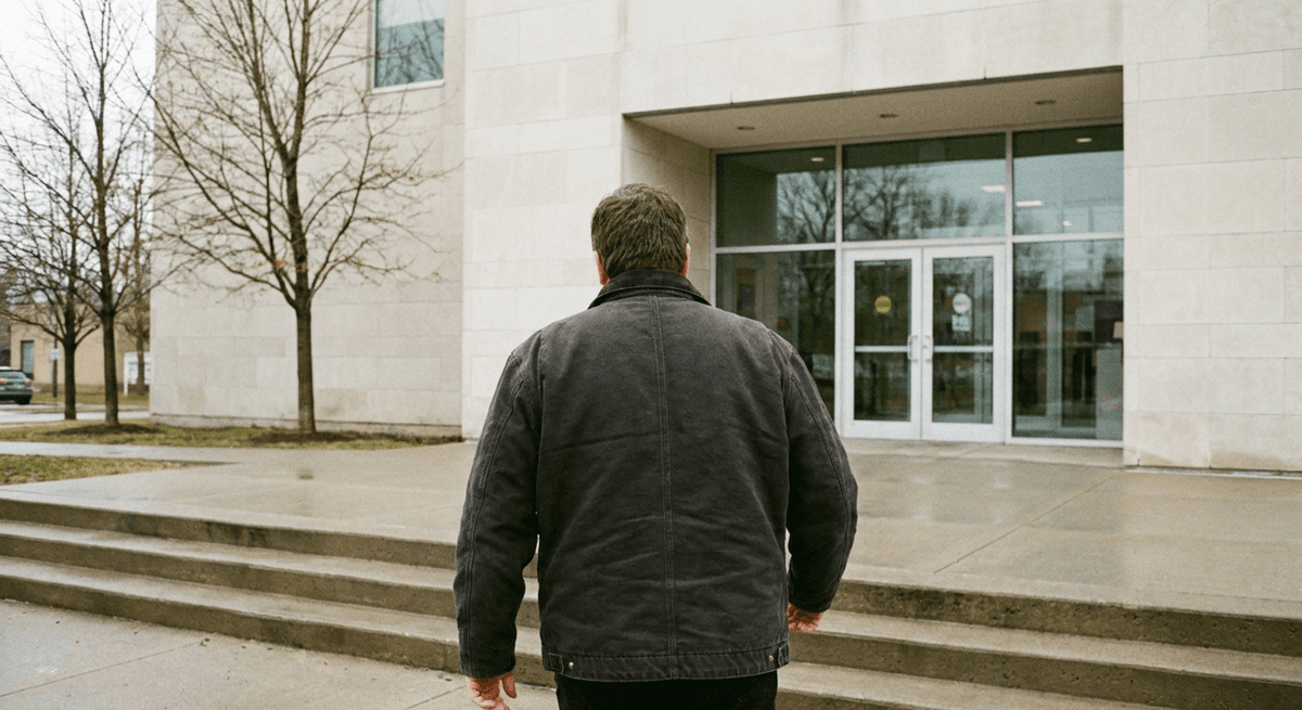 a person in a dark jacket seen from behind walking up concrete steps to a plain stone municipal building
