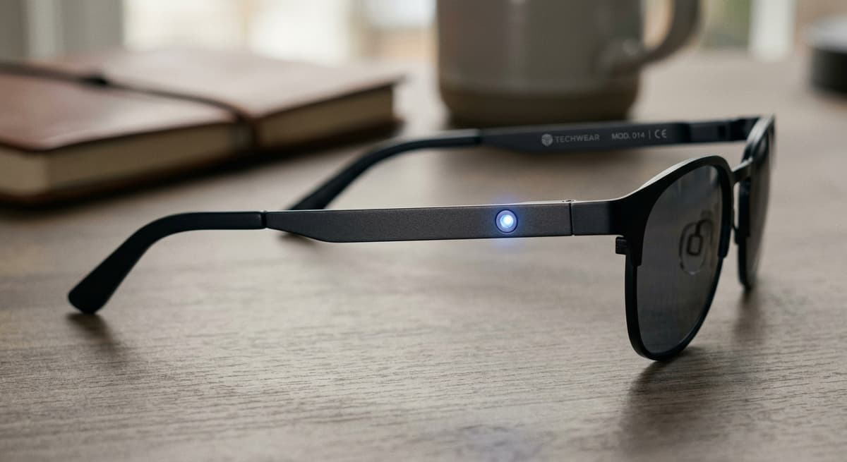 Minnesota small led indicator light glowing on the temple arm of modern eyeglasses, close-