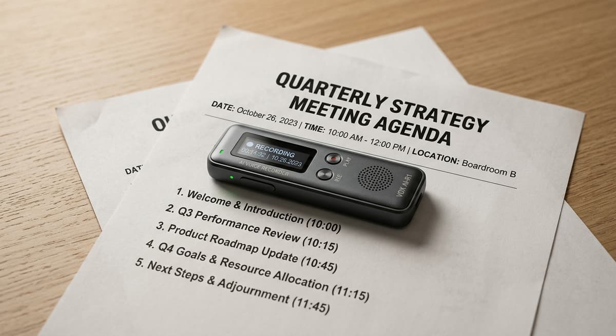 Texas compact ai voice recorder lying flat on a printed meeting agenda document