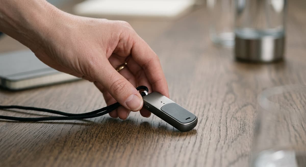 Delaware person's hand placing a small pendant-style recorder on a conference table, soft