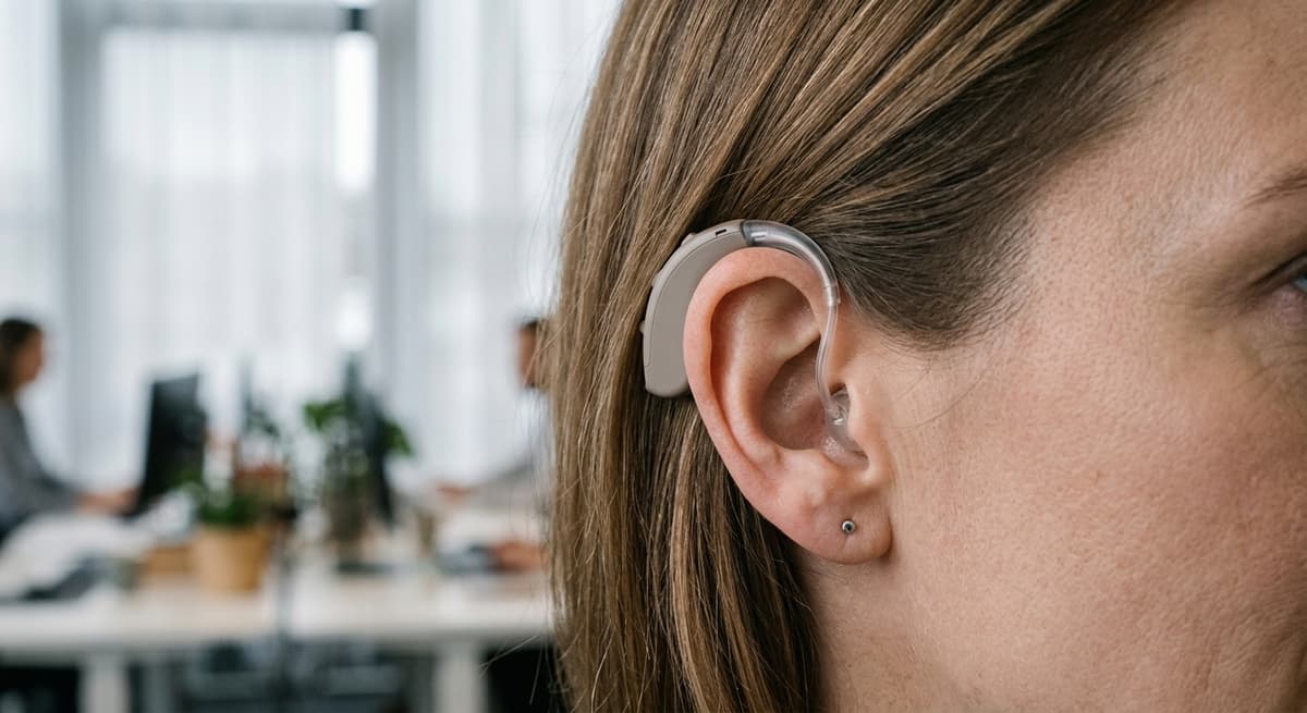 Nevada modern hearing aid behind an ear, close-up with blurred office background
