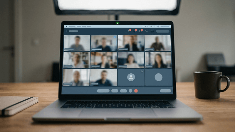 Delaware laptop screen showing a video call grid with a notification bar, camera indicato