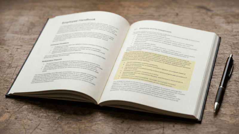 Delaware printed employee handbook open to a section with highlighted text, pen alongside