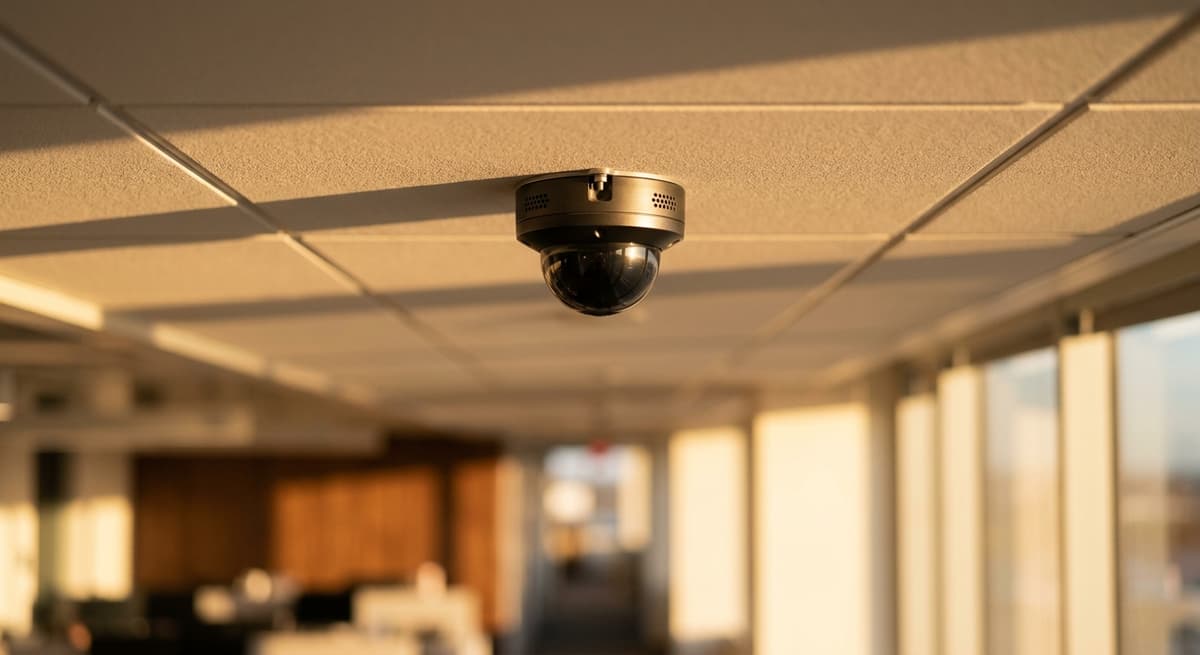 Virginia small security camera dome mounted on a hallway ceiling in a modern office build