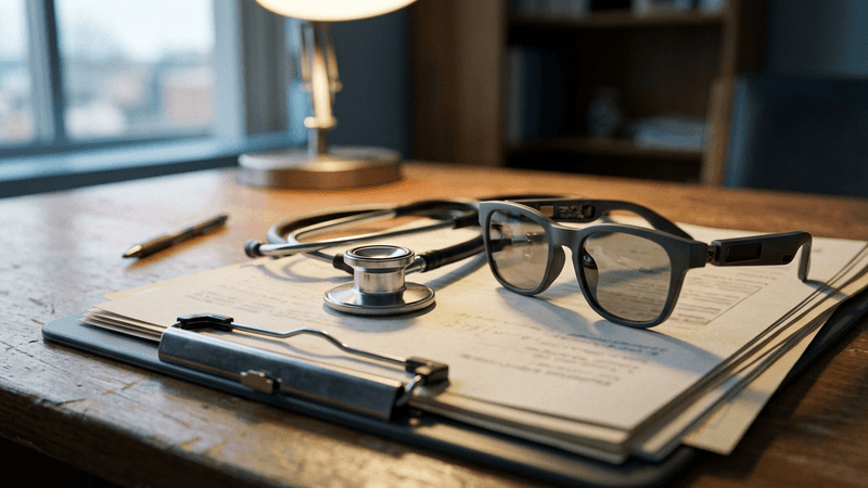 Virginia stethoscope and smart glasses resting side by side on a medical chart clipboard