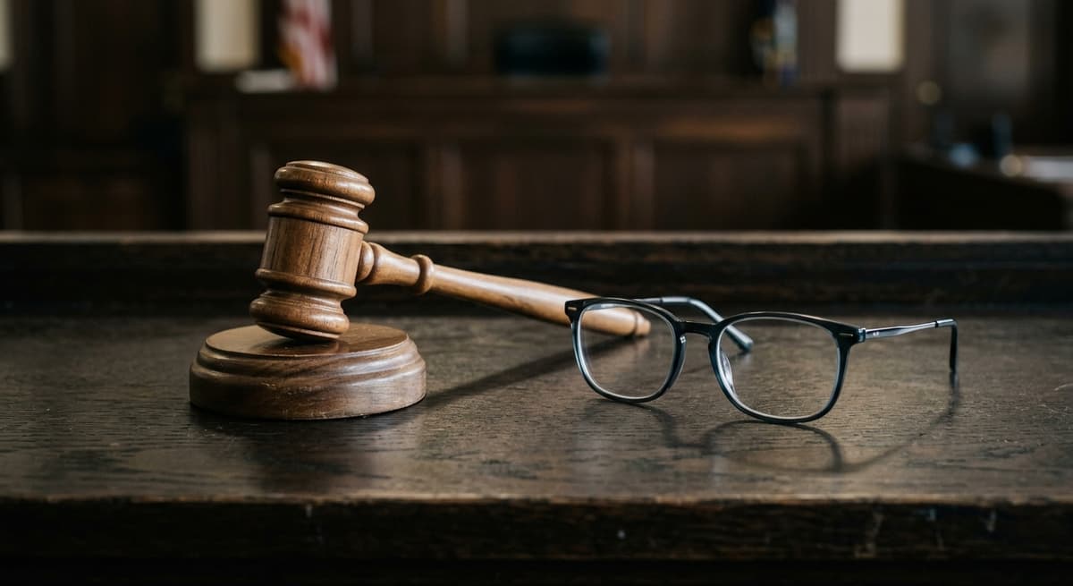 Virginia gavel resting beside a pair of modern eyeglasses on a dark judicial bench surfac