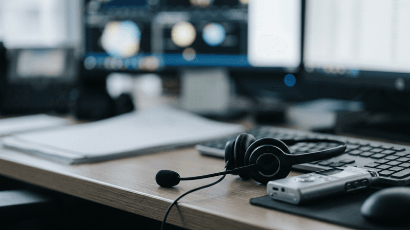 California financial trading desk monitors with a headset and small recording device beside