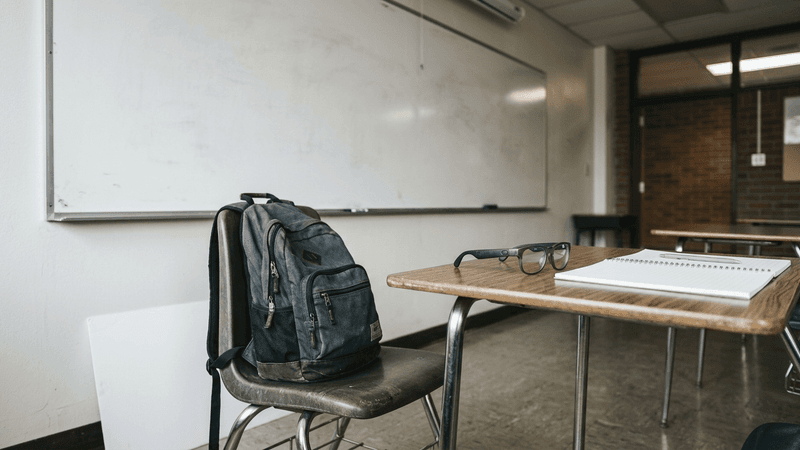 Texas classroom whiteboard with a backpack on a chair in the foreground, smart glasses