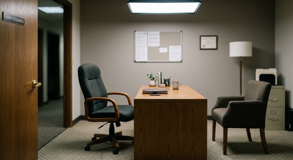 Kentucky two chairs facing each other across a desk in a private hr office, door slightly