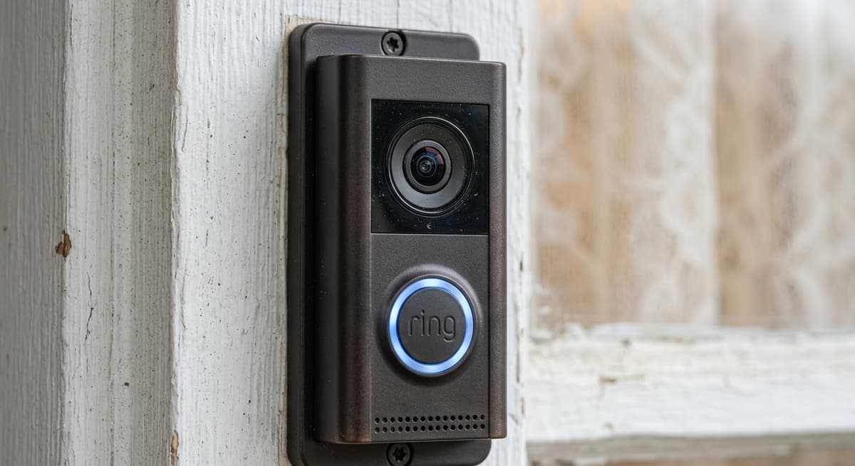 Connecticut ring doorbell camera mounted on a door frame, close-up of the lens and indicator