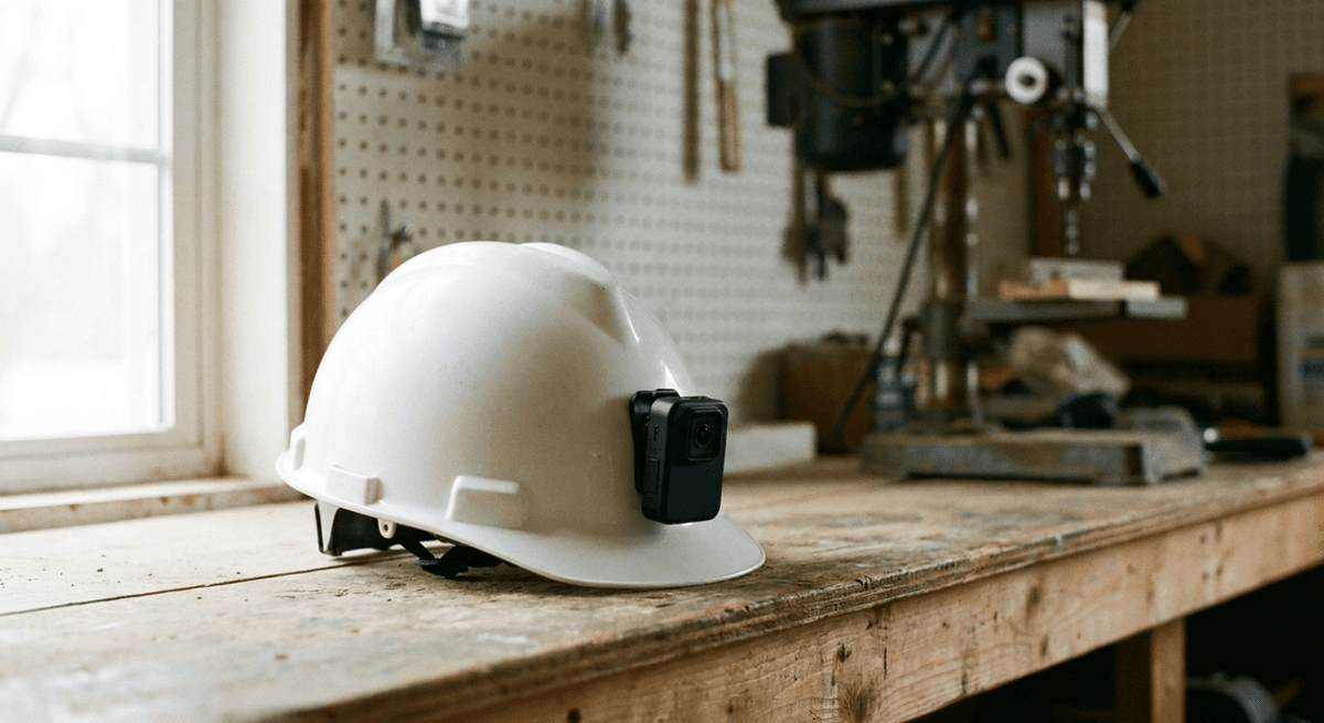 Casco blanco con una pequeña cámara portátil negra sujeta al costado, sobre un banco de taller