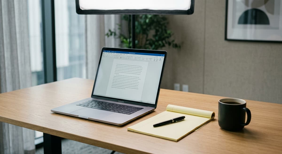 clean desk with a laptop, legal pad, and coffee mug in a modern office